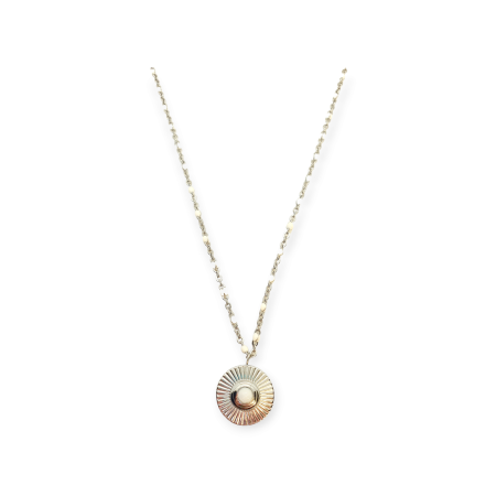 necklace steel silver chain beads and round element with semiprecious stone